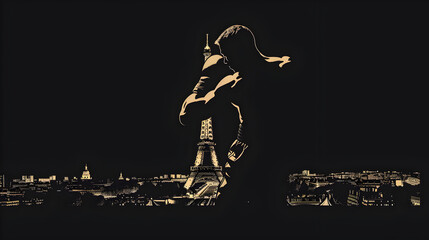 Wall Mural - Minimalist Boxer: Silhouette of a boxer throwing a punch with the Eiffel Tower in the background on a black background.


