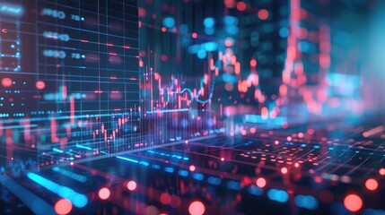 Poster - financial graphs in a virtual space, illustrating financial analytics.