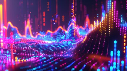 Poster - financial waveforms with neon colors, highlighting market fluctuations.