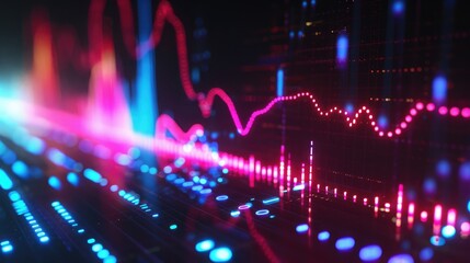 Poster - financial waveforms with neon colors, highlighting market fluctuations.