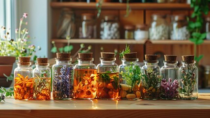 Wall Mural - Homeopathy in small jars. Herbal extract. Selective focus. Generative AI,