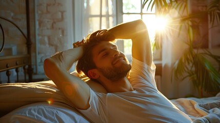 handsome young man stretching in bed during morning time at home. 