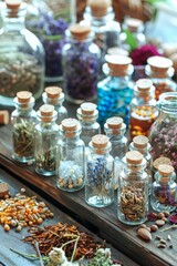 Wall Mural - Homeopathy in small jars. Herbal extract. Selective focus. Generative AI,