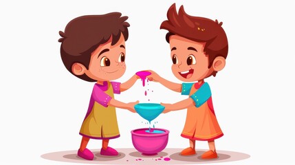 Vibrant cartoon illustration featuring two joyful characters celebrating Holi festival.