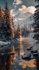 Wall Mural - Majestic snow-covered mountains glow as the sun sets behind a serene river