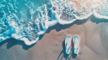 Wall Mural - Top view of white pairs of flip flops on aesthetic sea coast background with white sand and blue ocean. Generative AI