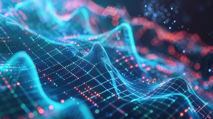 Poster - Abstract 3D waveforms with business metrics, symbolizing dynamic business environments.