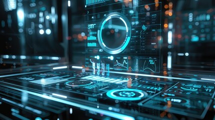 Poster - Futuristic 3D dashboard with holographic elements, illustrating business intelligence tools.