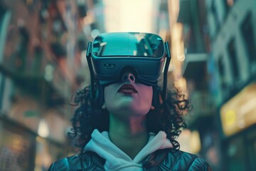 Aufkleber - woman wearing virtual reality headset in city, virtual reality headset transporting the viewer