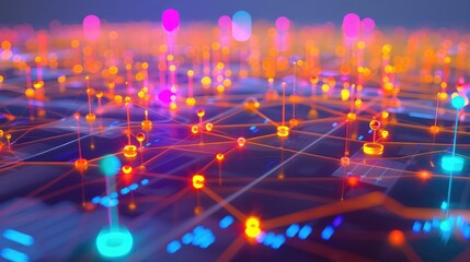 Wall Mural - 3d business network map with glowing nodes, representing business connectivity.