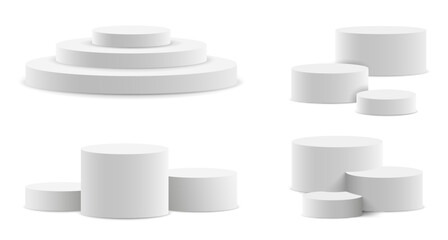 Poster - Pedestal and platform, stand stage, cylinder. Round empty stages and podium stairs 3d template. Set realistic podium