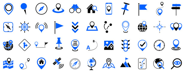 Aufkleber - Location set icons, navigation signs, GPS location symbols, collection blue black map pointer icons