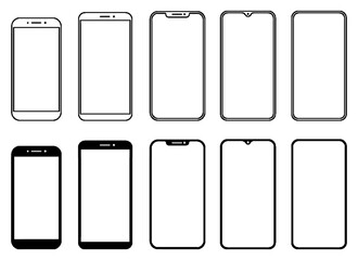 Poster - Different black models smartphone with empty touch screen front view icon. Detailed line mockup smartphone sign, linear model mobile phone, app, ui, ux