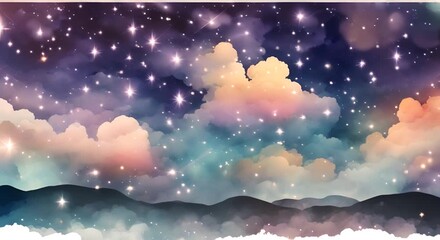 Wall Mural - Night sky with clouds and stars abstract watercolor texture background illustration created using ai tool 4k animation