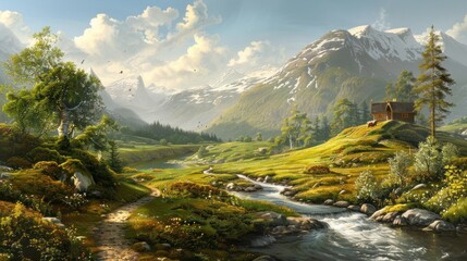 Wall Mural - Tributary in the valley of green meadow hills.