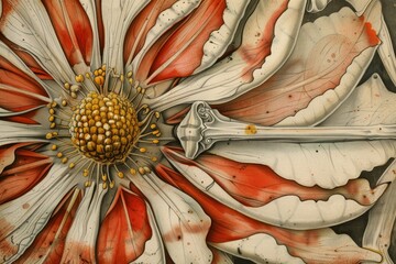 Aufkleber - painting of flower with many leaves, detailed anatomical illustration of flower, showcasing its intricate parts