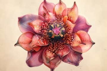 Poster - painting of flower with many leaves, detailed anatomical illustration of flower, showcasing its intricate parts