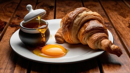 Poster - A croissant and egg on a plate with syrup, AI