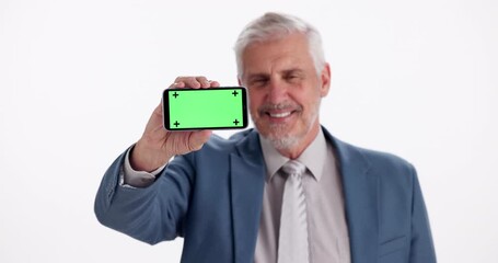 Aufkleber - Businessman, face and green screen on mobile in studio for corporate communication, advertising and display. Mature, manager and white background with mockup on smartphone for design and application.