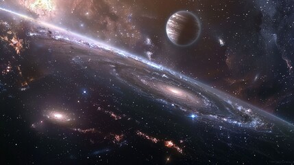 An outer space background with a stunning view of distant galaxies, stars, and nebulae. The scene is vast and awe-inspiring, highlighting the wonders and mysteries of the universe