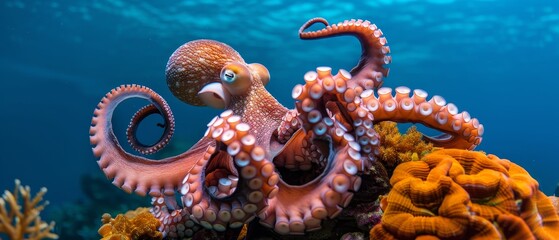 Sticker - A large octopus is on a coral reef