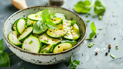 Wall Mural - A vibrant and fresh cucumber salad with basil and seasoning served in a rustic ceramic bowl, surrounded by green herbs and ingredients.