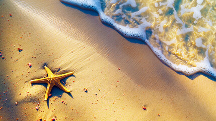 Starfish on the beach with sea wave with foam summer background, top view. Summer time, star sea