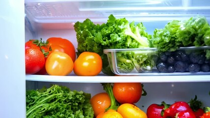 Wall Mural - A refrigerator is full of fresh vegetables and fruits. The vegetables include lettuce, tomatoes, and peppers. Concept of health and wellness