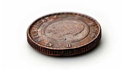 Canvas Print - A single, well-worn coin isolated on a white background, symbolizing the journey and history of money.