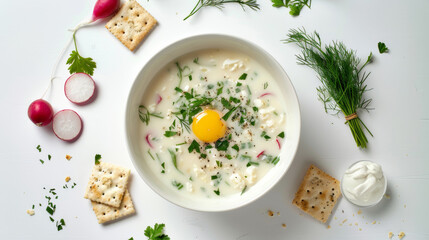 Wall Mural - A fresh bowl of creamy soup garnished with a raw egg yolk, radishes, herbs, and surrounded by crackers and herbs, creating a vibrant culinary display.