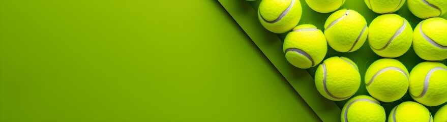 Rows of perfect new tennis balls on green background with copy space. Health and sport concept. Tennis tournament. United States Open Tennis Championships, US Open. Template for banner, poster, sale