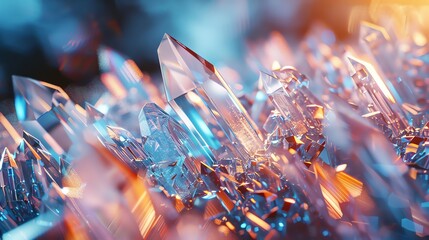 Wall Mural - a close-up view of a cluster of clear, faceted crystals with a warm, colorful glow.