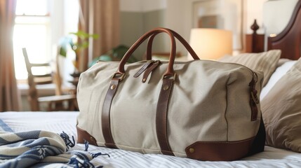 Sticker - A stylish weekender travel bag with leather accents sits on a cozy bed, packed for a short escape.