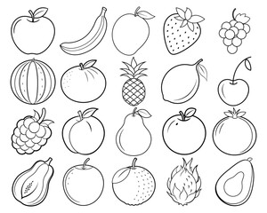 Fruits coloring page set, fruits coloring book page digital art, fruits line art