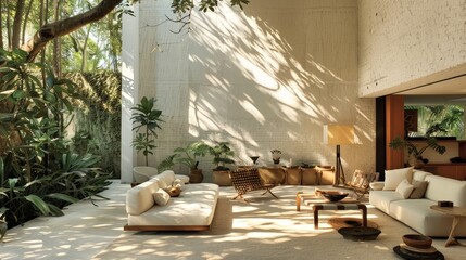 Wall Mural - A tranquil living room by Luis Barragan, encircled by an exuberant garden. The white walls and cosy warm lights, along with modern furniture, create a serene atmosphere.