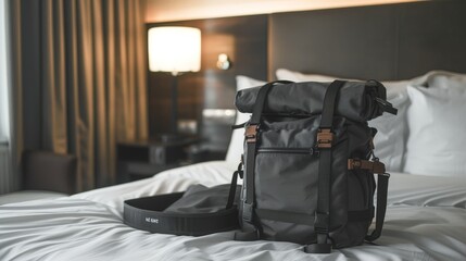 Wall Mural - A versatile travel bag that converts from a backpack to a shoulder bag sits on a hotel bed, ready for any type of journey.