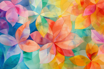 Wall Mural - An abstract watercolor painting of overlapping leaves in vibrant hues