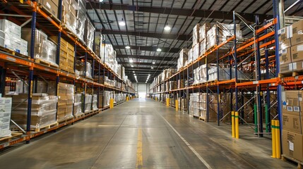 Poster - A well-organized warehouse with clearly labeled sections and pathways for easy navigation. The systematic arrangement and signage facilitate efficient operations and quick retrieval of items.