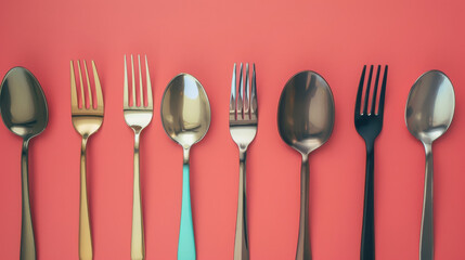 Wall Mural - A row of beautifully arranged metal spoons and forks against a coral red background, showcasing various metallic shades and reflections.