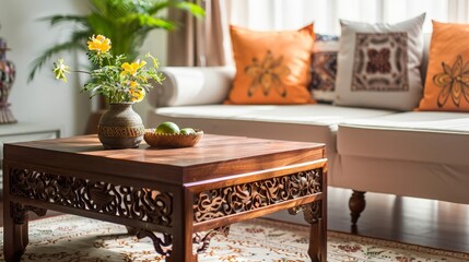 Sticker - Admiring the craftsmanship of a hand-carved wooden coffee table passed down through generations.