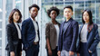 © VK Studio - A group of diverse professionals pose confidently against a modern glass building backdrop, reflecting unity and determination.