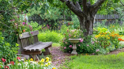 Wall Mural - An inviting garden bench under a tree, surrounded by blooming flowers and a small birdbath.