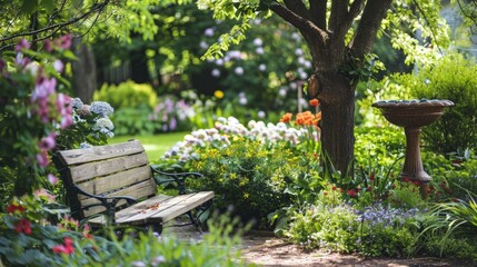 Wall Mural - An inviting garden bench under a tree, surrounded by blooming flowers and a small birdbath.