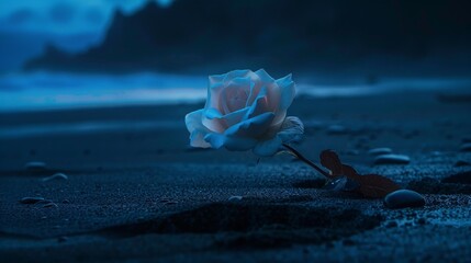 Wall Mural - At night, on a black-sand beach, a rose flower blooms quietly, its petals softly lit by the moonlight.