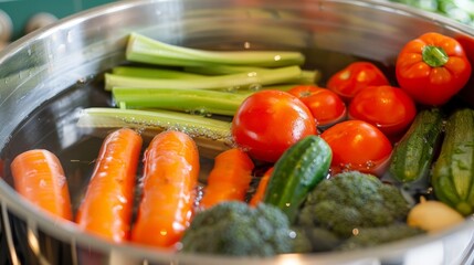 Wall Mural - Blanching vegetables briefly in boiling water, preserving their color and crunch