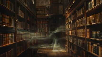 Fototapete - Capture a background of a spooky library filled with ancient, dusty books and ghostly apparitions haunting the shelves.