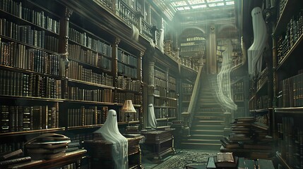 Fototapete - Capture a background of a spooky library filled with ancient, dusty books and ghostly apparitions haunting the shelves.
