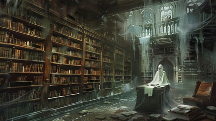 Fototapete - Capture a background of a spooky library filled with ancient, dusty books and ghostly apparitions haunting the shelves.