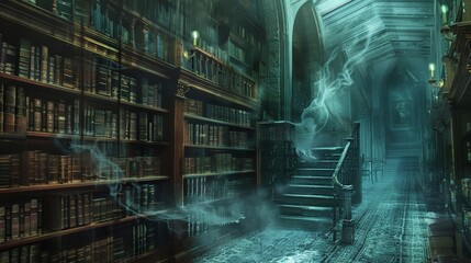 Fototapete - Capture a background of a spooky library filled with ancient, dusty books and ghostly apparitions haunting the shelves.