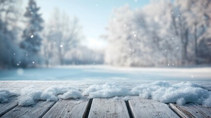 Snowy background empty wooden plank covered in light snow winter-themed display or holiday decoration cold winter atmosphere, Christmas or new year copy space for design or product advisement template